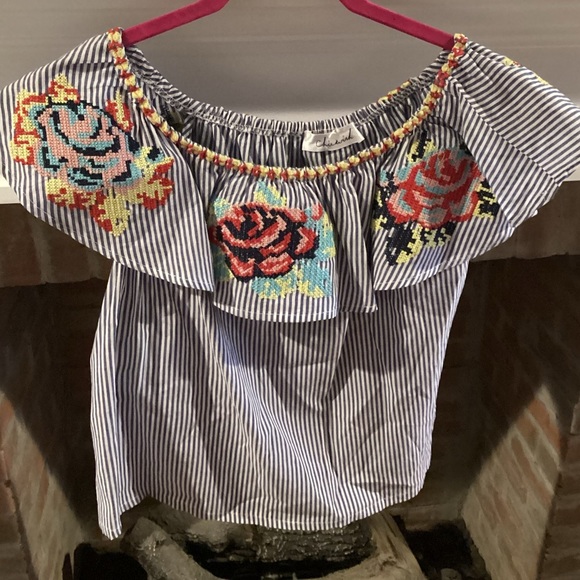 chic wish Tops - CHIC Wish Blue Striped Off the Shoulder Embroidered Floral Blouse Size Small